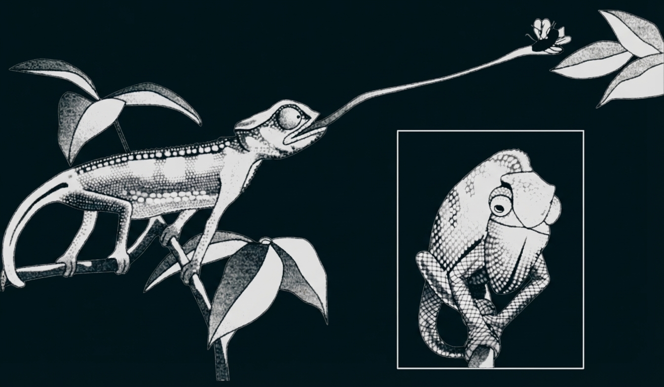 Gezeichnetes Chamäleon auf Ast, Zunge ausgestreckt Richtung Fliege; daneben kleines Einlegebild des Chamäleons.